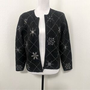Talbots Petite Cardigan Sweater 100% Wool  Embroidered Embellished Snowflake Sml